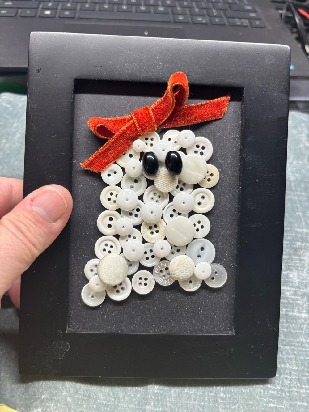 Handmade White Button Halloween Ghost Wall Art with Orange Velvet Bow